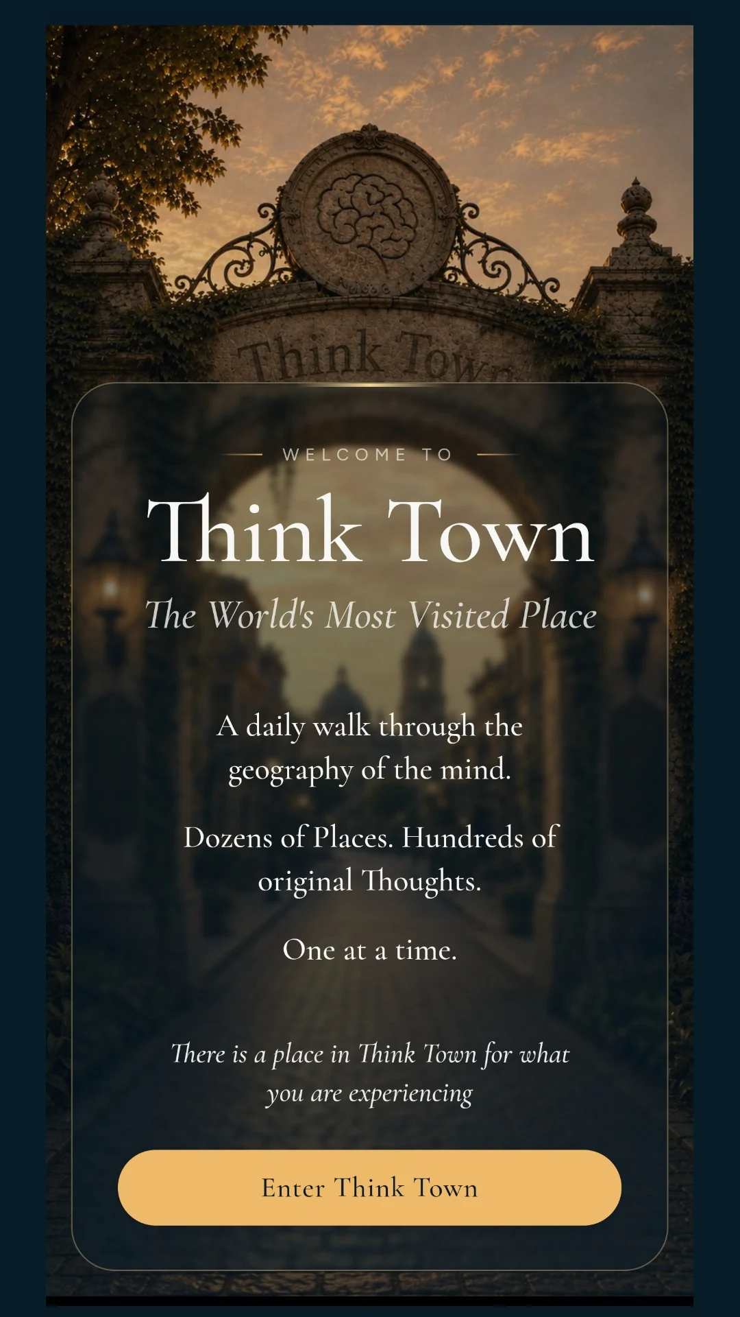 The Think Town app entrance, with its stone arch and brain emblem