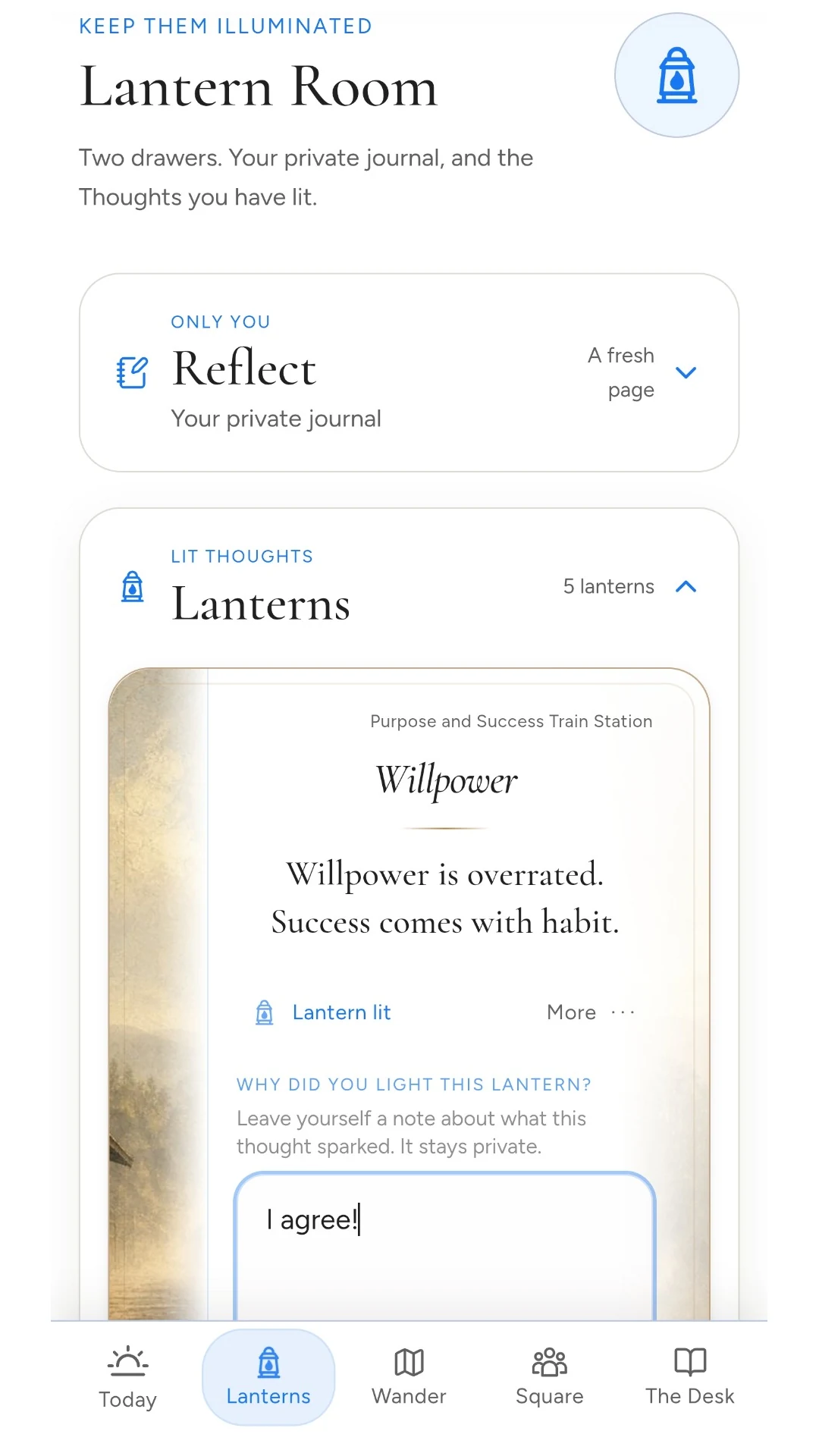 The Lantern Room in daylight mode, with saved thoughts and a private journal