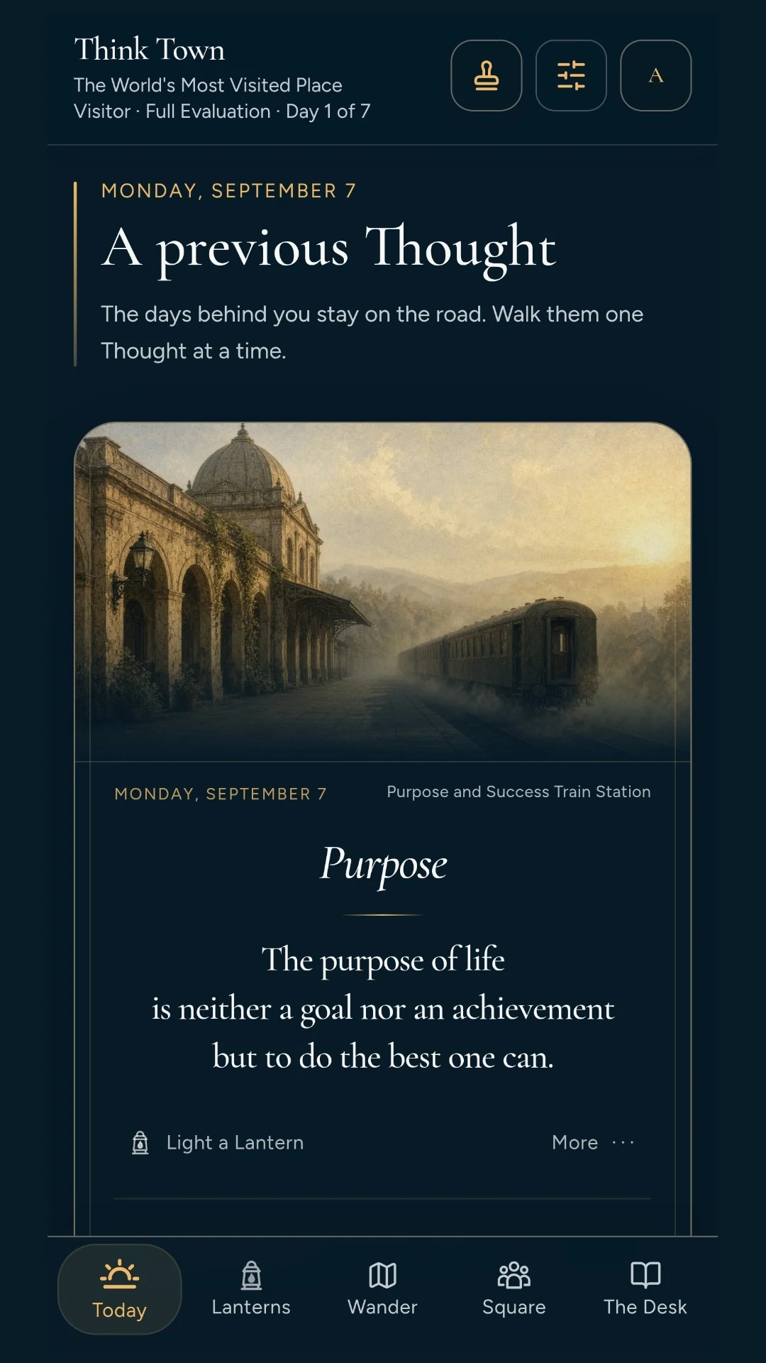 An actual Think Town thought card about purpose, shown in moonlight mode